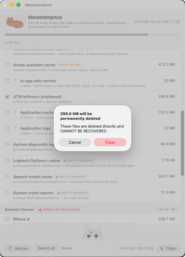 Confirmation dialog stating the exact amount to be deleted and that the files cannot be recovered