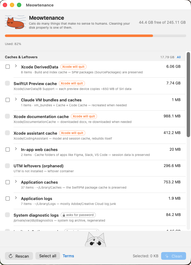 Meowtenance main window listing cache categories with their sizes