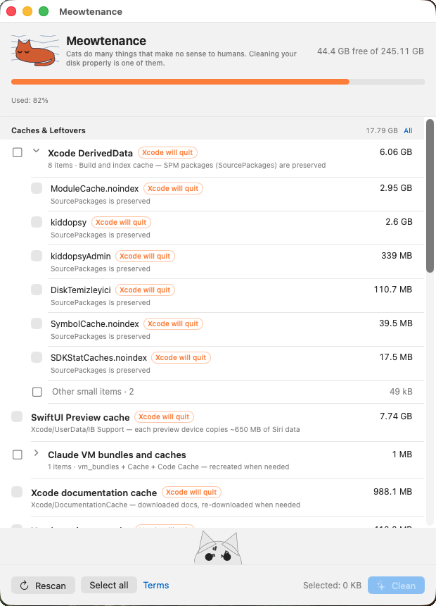DerivedData expanded into one selectable row per Xcode project, each marked SourcePackages is preserved