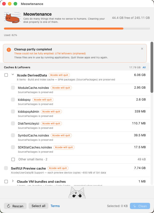 Result card reading Cleanup partly completed, naming the category that could not be fully emptied
